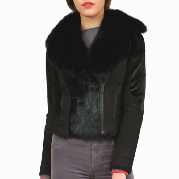 Merino Shearling Moto Jacket Black XS Fox Collar D'Andre New York